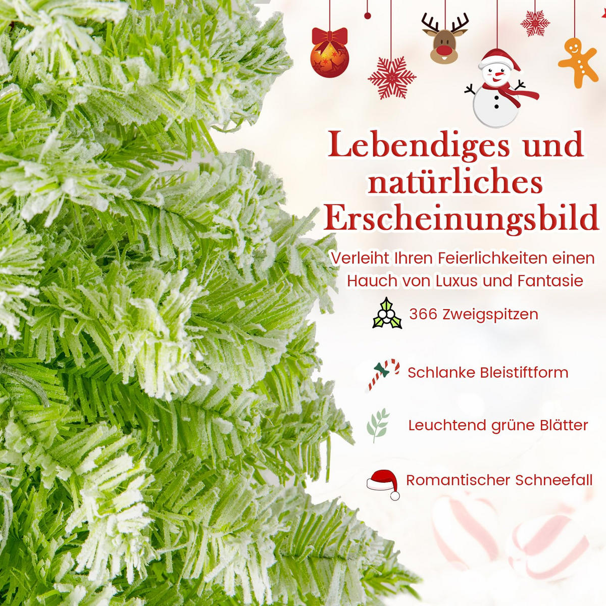 WEIHNACHTSBAUM mit 8 Lichtmodi Beleuchtung und Schnee biegbarer Spitze 210 cm grün - Grün, Metall (210cm) - COSTWAY