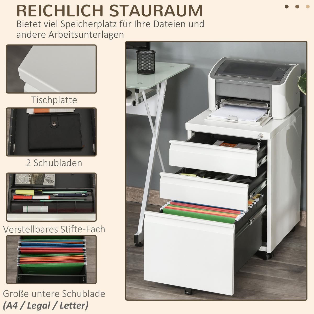 AKTENSCHRANK mit Rädern, konkavem Griff, für Home-Office, Stahl, Weiß - Weiß, Metall (48/60/39cm) - Vinsetto