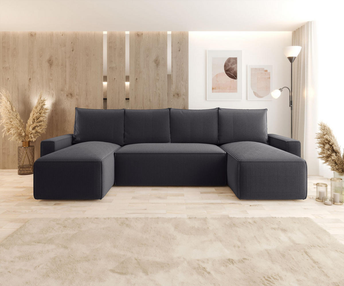 WOHNLANDSCHAFT mit Schlaffunktion SAVIO U Poso 34 - Graphitfarben, Textil (300/75/140cm) - Bedante