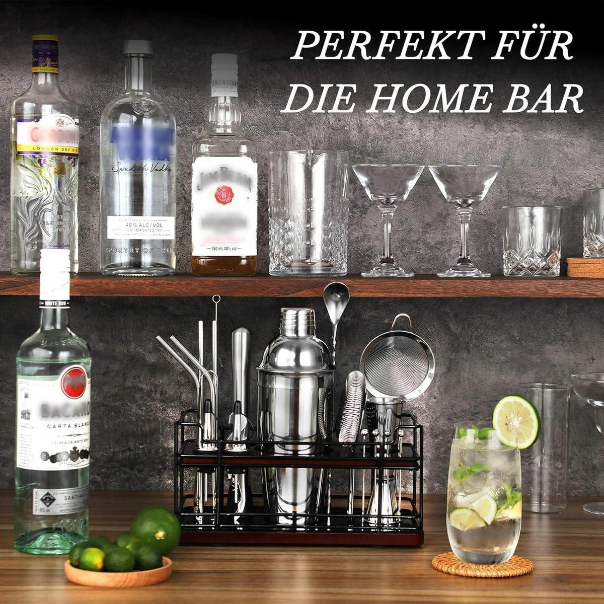 COCKTAIL Shaker Set 20-teilig Edelstahl 750 ml mit Ständer - Silberfarben, Metall (25/15/30cm)