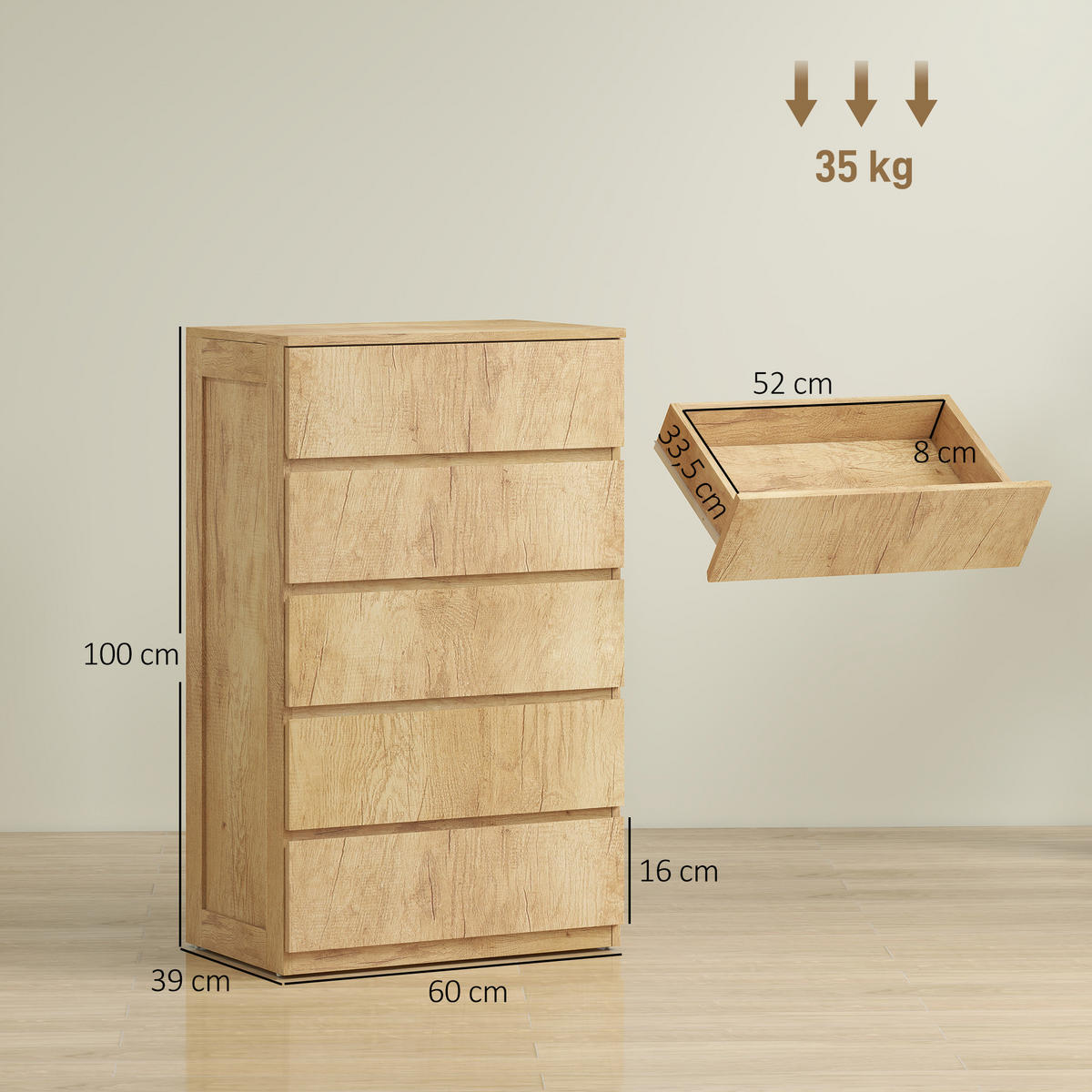 KOMOODE DE-12864 5 Schubladen, grifflos, minimalistisch Naturholz - Naturfarben, Holzwerkstoff (60/100/39cm) - ComfortXL