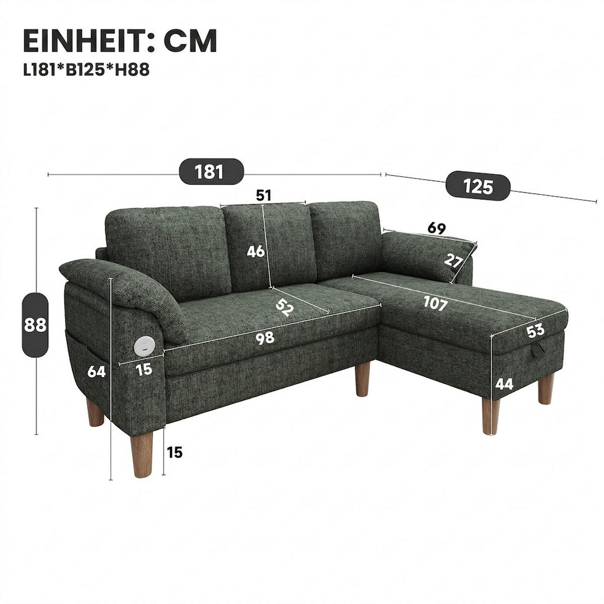 ECKSOFA 181/125/88 cm Grün mit Stauraum-Chaiselongue und USB/Type-C-Ladeanschluss - Grün, Textil (181/125cm) - Oxeza