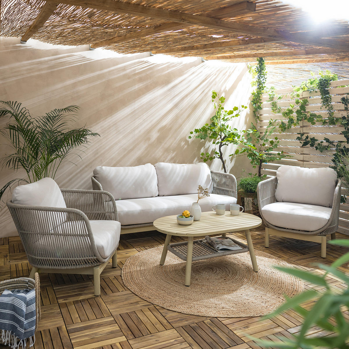 LOUNGESET - Akazie massiv / Polyester - Braun / Beige - 4-teilig - Beige/Braun, Holz/Naturmaterialen - home24