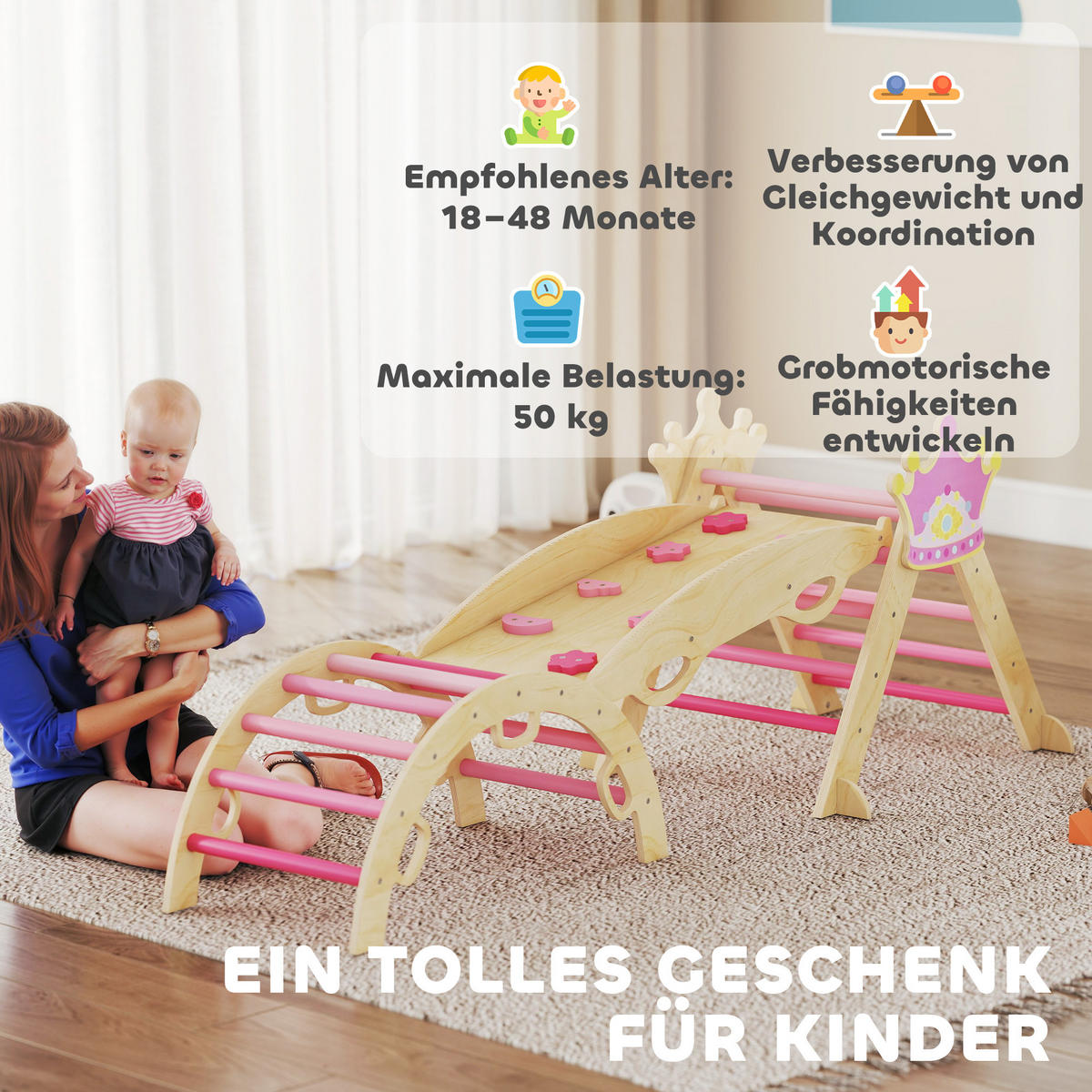 KLETTERGERÜST 8-in-1 DE-09863 mit Rutsche, Rampe und Bogen Holz - Pink, Holz (42/38/80cm) - ComfortXL