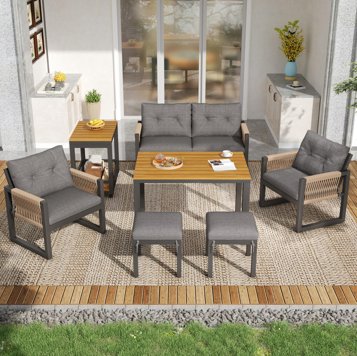GARTENSETS aus Eisen 150x79,5x75cm Grau mit abnehmbarem Tisch - Grau, Metall - Modfu