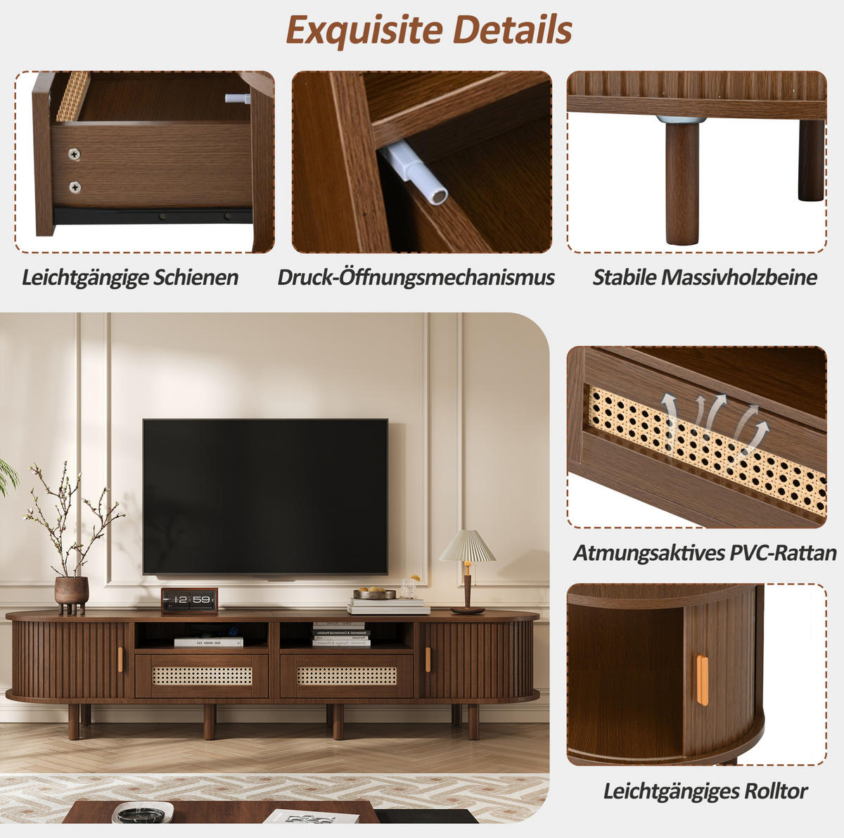 LOWBOARD 170/40/40 cm aus MDF mit Rattanfront und Schiebetüren Dunkelbraun - Braun, Holzwerkstoff (170/40/40cm) - Modenvie