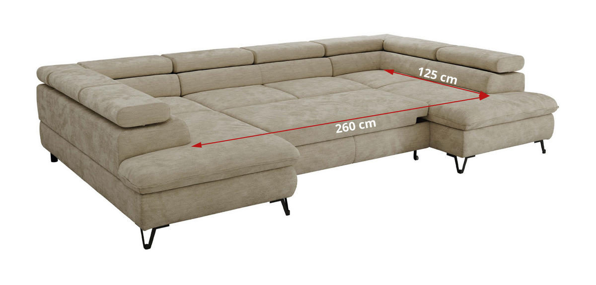 WOHNLANDSCHAFT PABLO U Schenille glatt Beige - Beige/Schwarz, Textil/Metall (346/76/208cm) - MKS