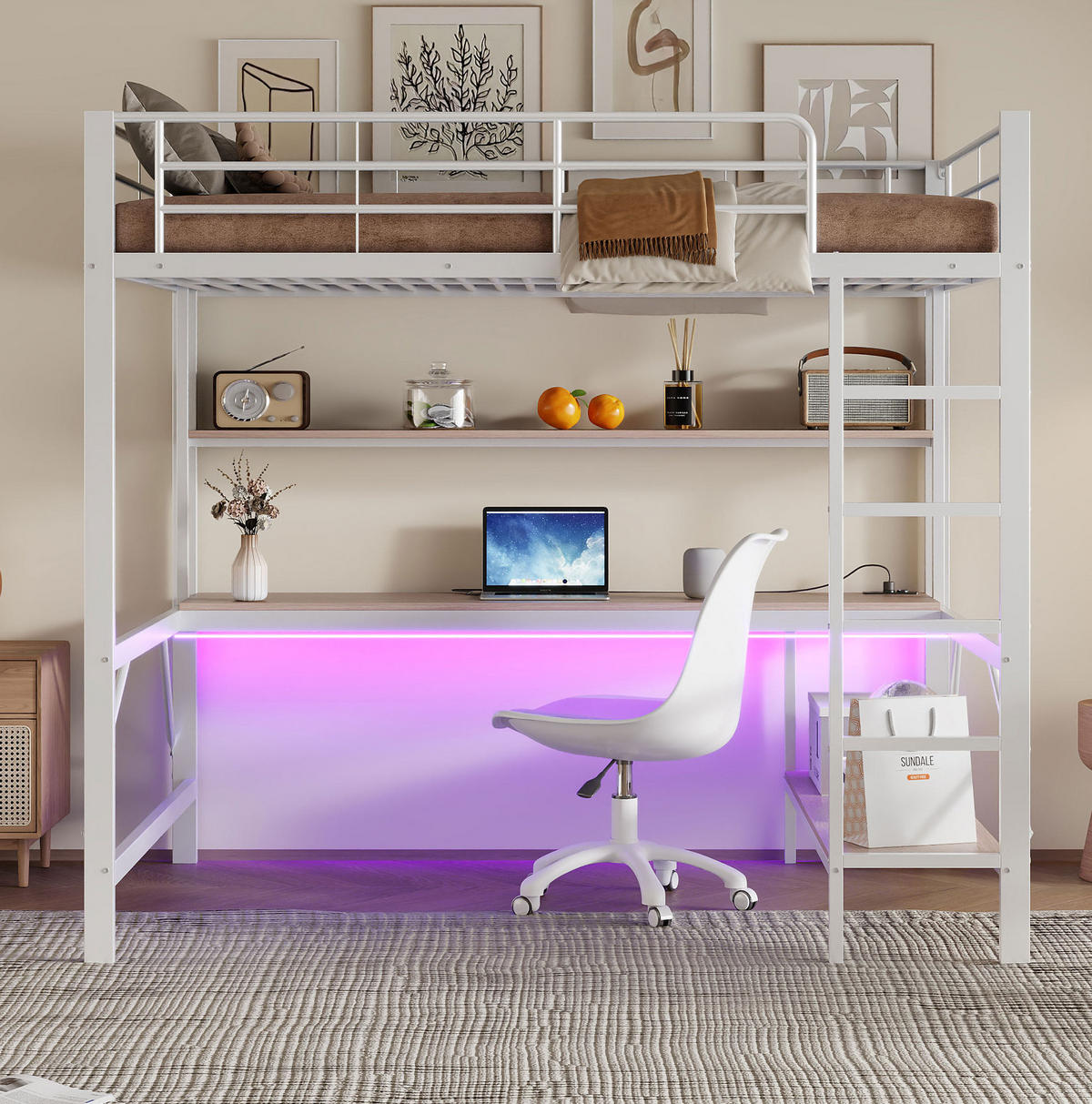 HOCHBETT aus Metall und MDF 140x200 cm Weiß mit Schreibtisch, Regal, LED-Beleuchtung, USB und Steckdose - Weiß, Metall (140/200cm) - IVMEU