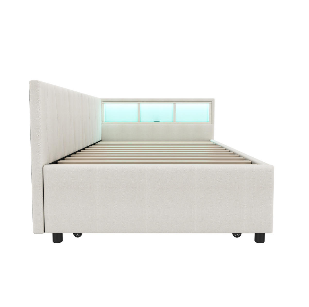 DENNÁ posteľ z ľanu a MDF 90x200 cm béžová s LED osvetlením, USB-C a úložnými priehradkami - béžová, textil (90/200cm) - Modfu