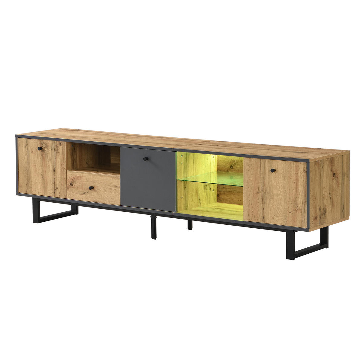 TV-LOWBOARD aus Spanplatte 190x40x50 cm Holzfarben/Anthrazit mit LED-Beleuchtung, Glasböden und gedämpften Scharnieren - Naturfarben, Holzwerkstoff (190/50/40cm) - Modfu