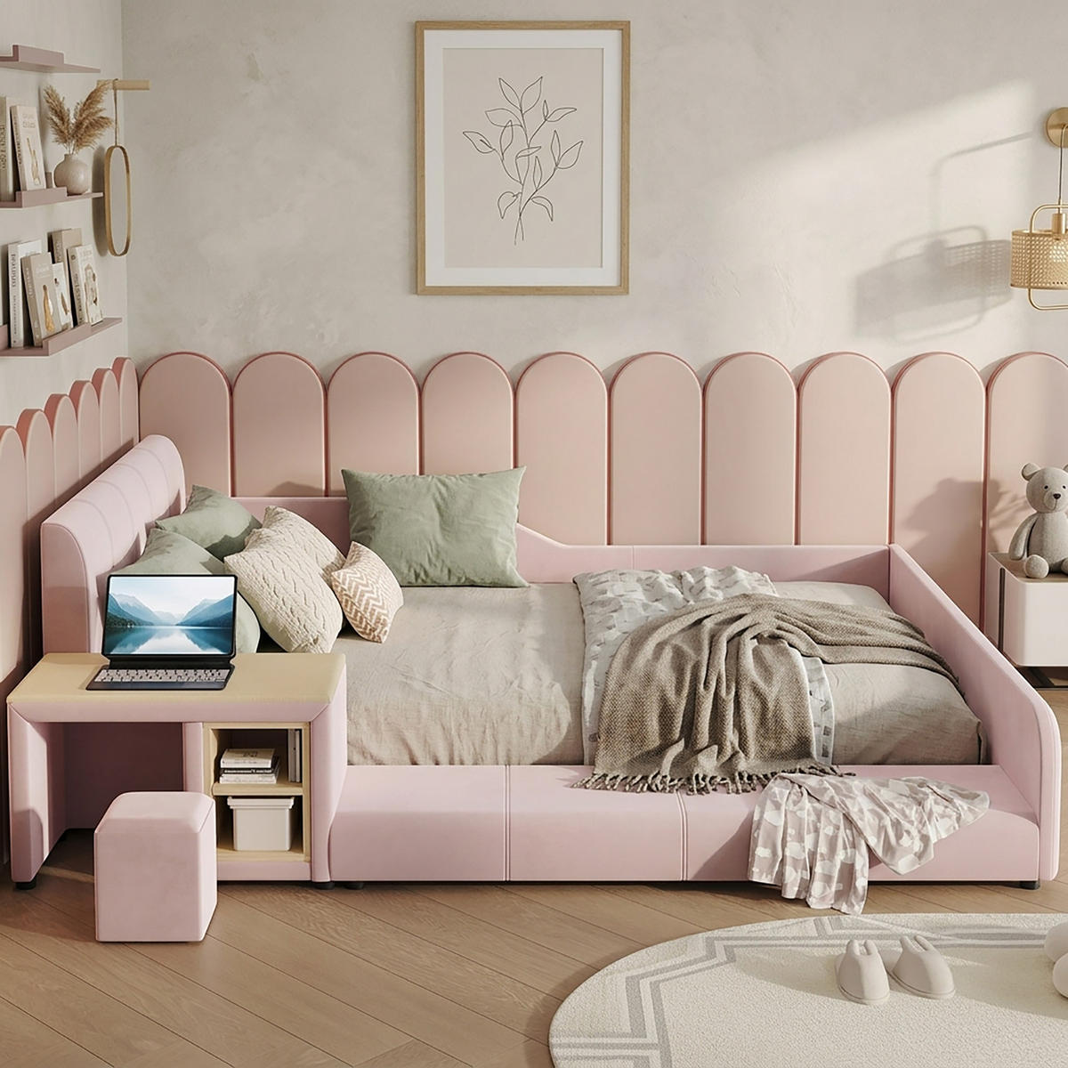 POLSTERBETT 140/200 cm in Pink mit Schreibtisch, Hocker und Ablageboden aus Samt - Kinderzimmer mit Stil - Rosa, Holzwerkstoff/Textil (140/200cm) - STILVORA