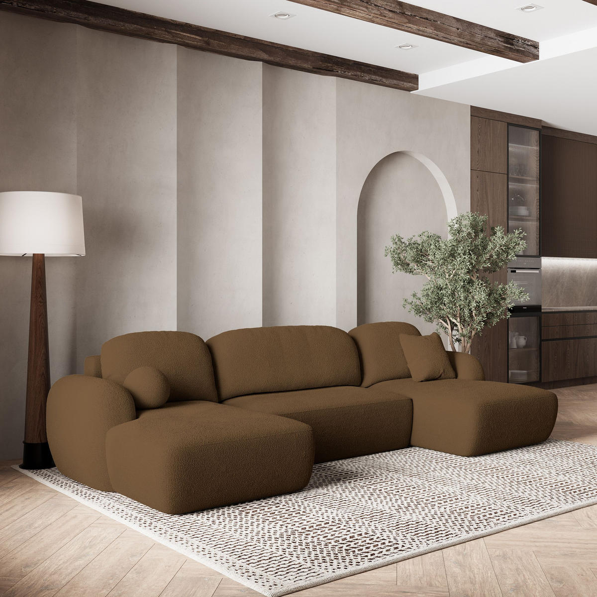 WOHNLANDSCHAFT SAVONA N Braun Boucle-Stoff mit Schlaffunktion - Braun, Holz (350/90/148cm) - MASSENO