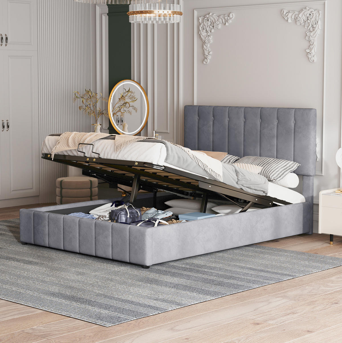 POLSTERBETT 140/200 cm grau mit hydraulischem Stauraum und höhenverstellbarem Kopfteil - Grau, Textil (140/200cm) - OKWISH