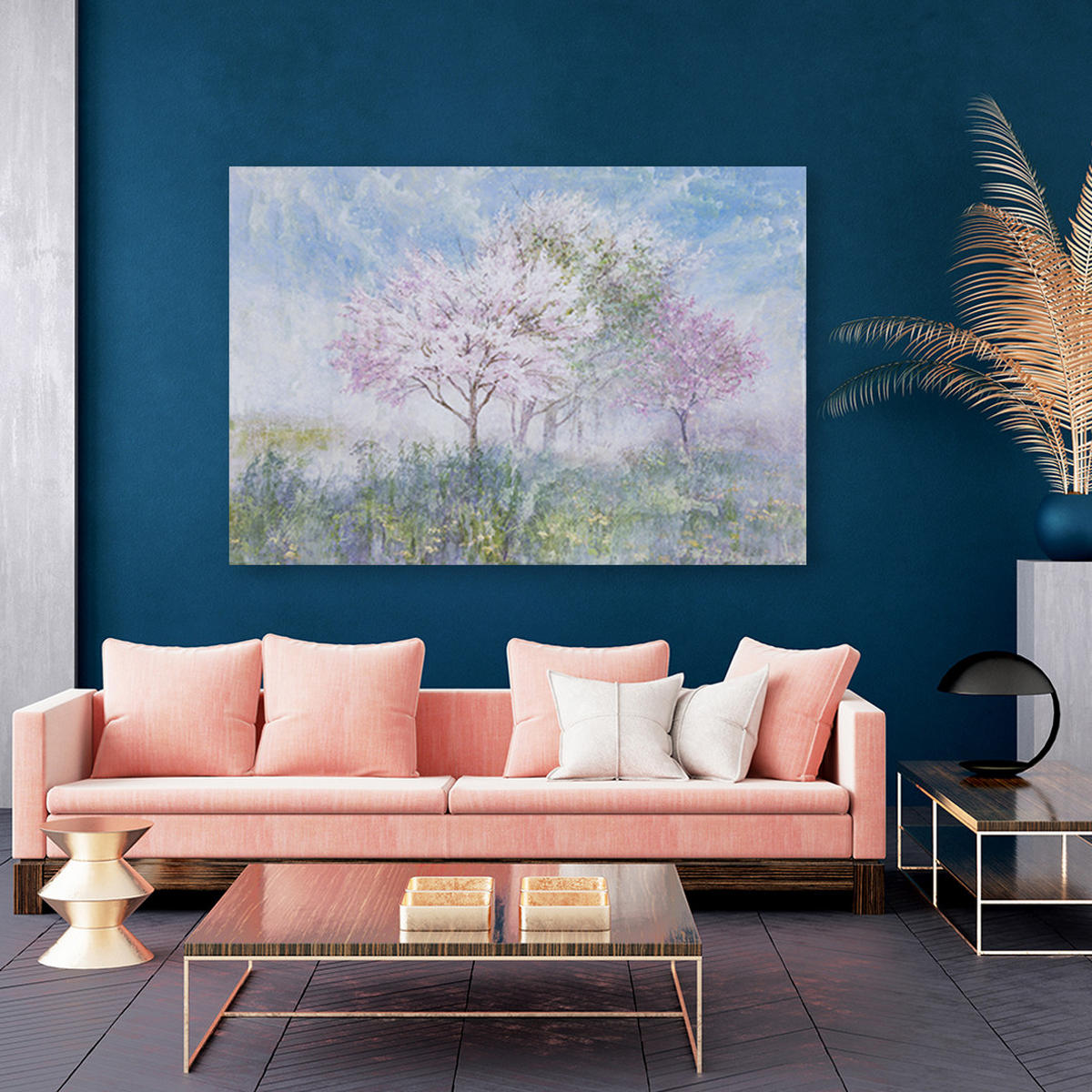 WANDBILD ein blühender baum in der wiese - Blau, Textil (60/40cm) - Feeby