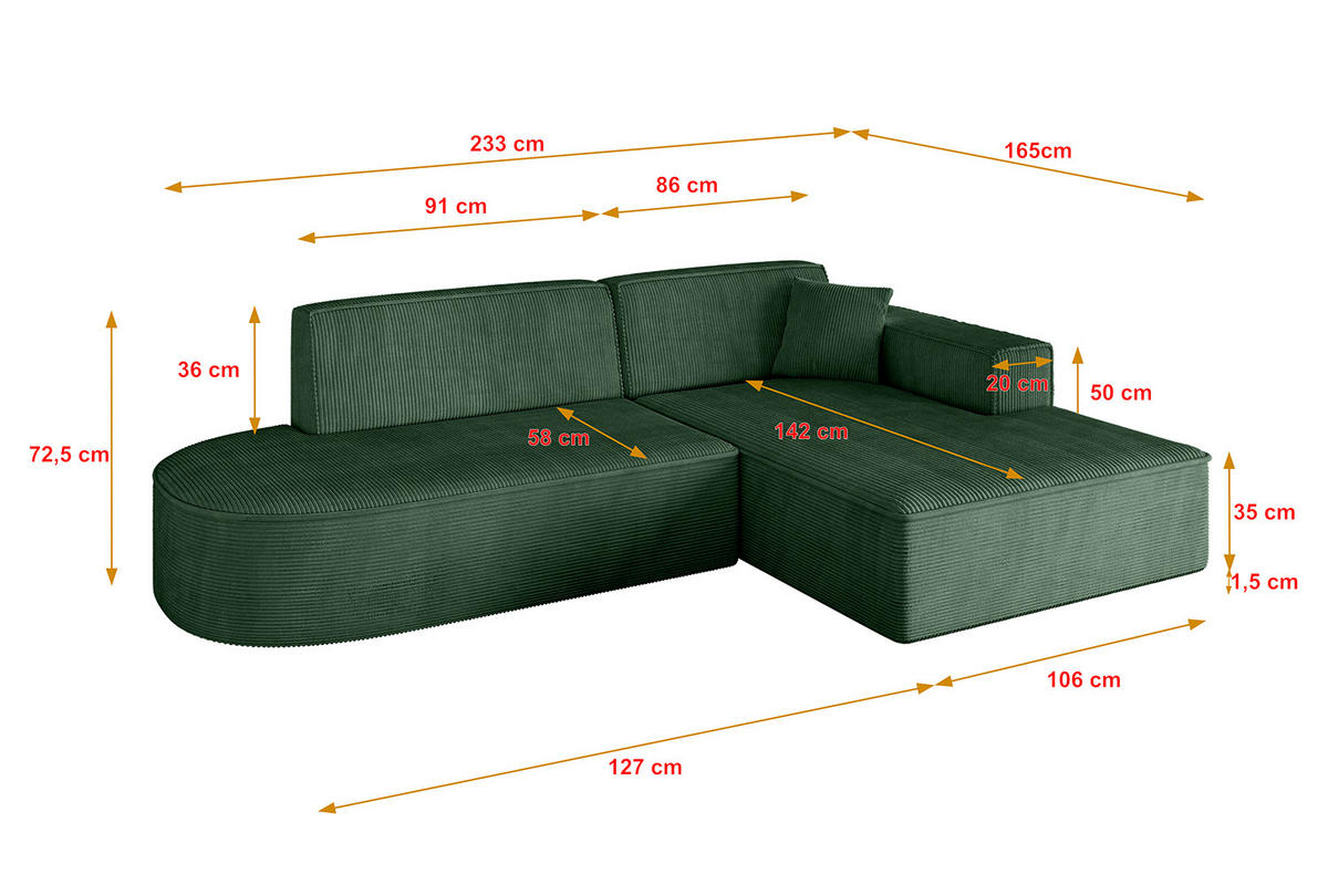 ECKSOFA Ottomane Rechts IREA-L1-v4 - 233x165x72,5 cm Grün - Grün, Holzwerkstoff/Textil (233/165cm) - ALTDECOR