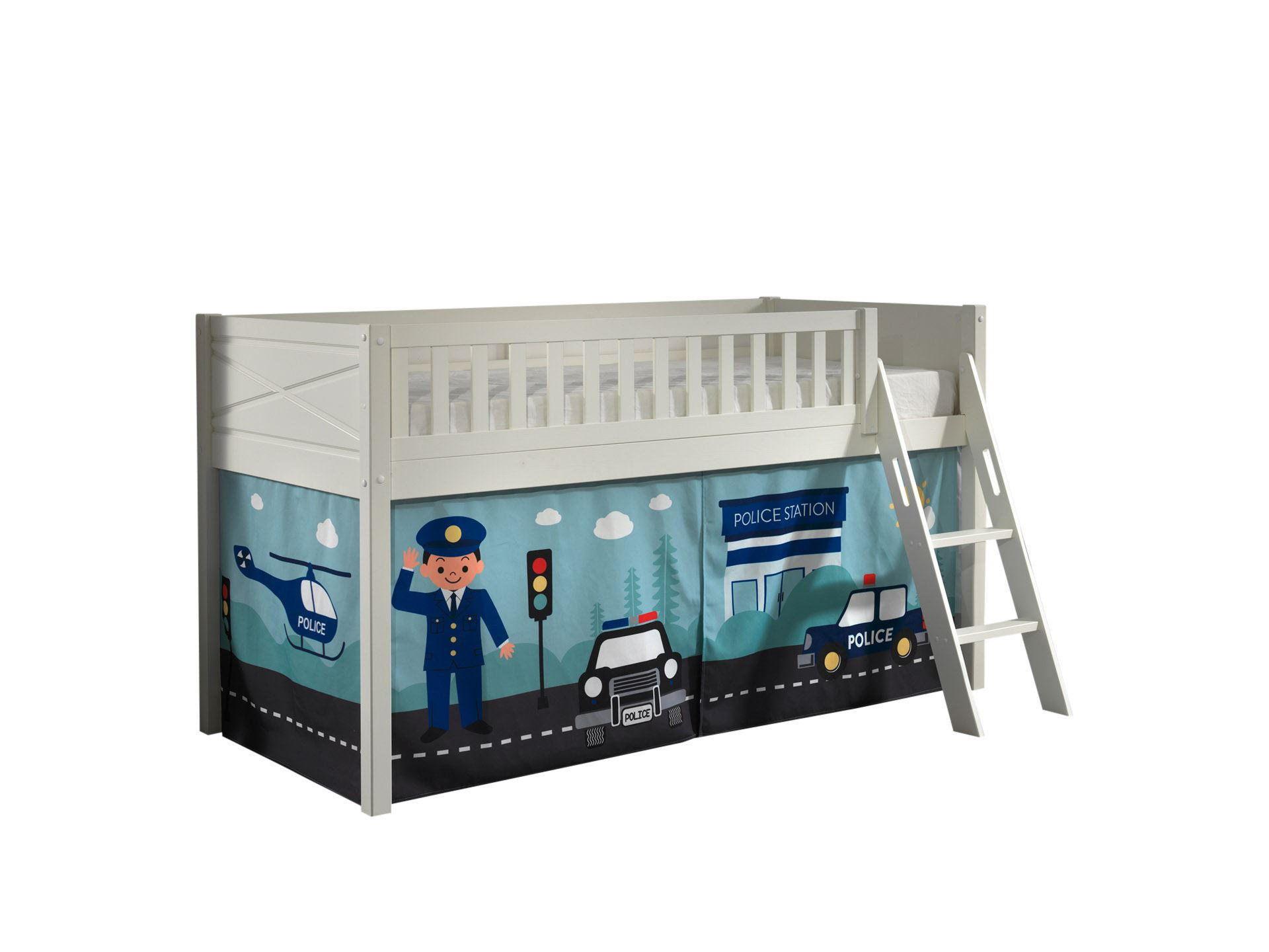 KINDERBETT Karyl 208x114x135 Massivholz Weiß Textilset Polizei - Weiß/Hellblau, Holz (90/200cm) - 58aufmkessel