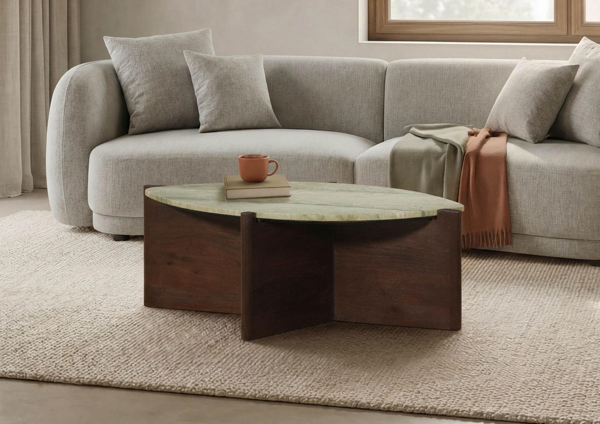 COUCHTISCH Akazie 85x50x31 braun lackiert / Marmor beige ORGANIC COLLECTION #28 - Braun, Holz (85/50/31cm) - Massivmoebel24