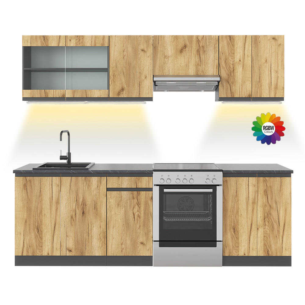 KÜCHENZEILE Raul Goldkraft Eiche 240 cm J-Shape ohne AP mit LED-Leisten - Honigeiche/Anthrazit, Holzwerkstoff (240/81.6/46cm) - Vicco