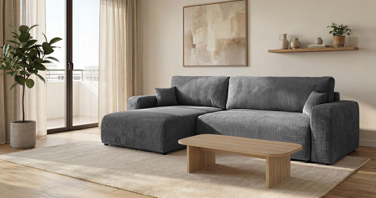 ROHOVÁ pohovka BERLIN levá tmavě šedá manšestr Poso 60 - funkce spaní, úložný prostor - antracitová, textil (285/185cm) - Cornero