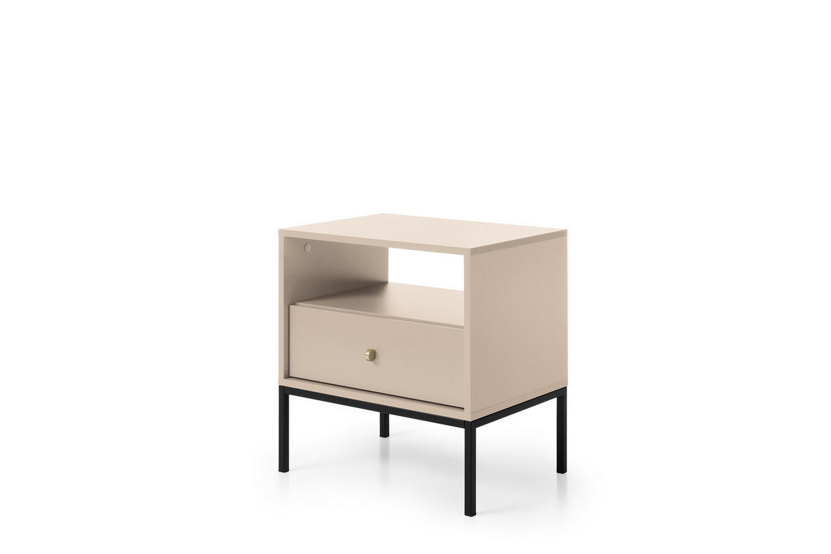 NACHTTISCH Molly Beige, Schwarze Beine, Nachtkommode mit Schublade - Beige/Schwarz, Holzwerkstoff/Metall (54/56/39cm) - Bettso