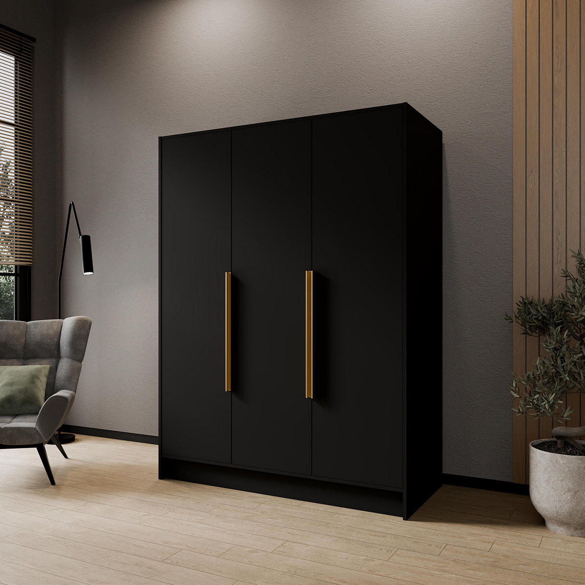 DREHTÜRENSCHRANK BERON 150/200/51 cm Modern Kleiderschrank 3-türig Schwarz - Schwarz, Holzwerkstoff (150/200/51cm) - MASSENO