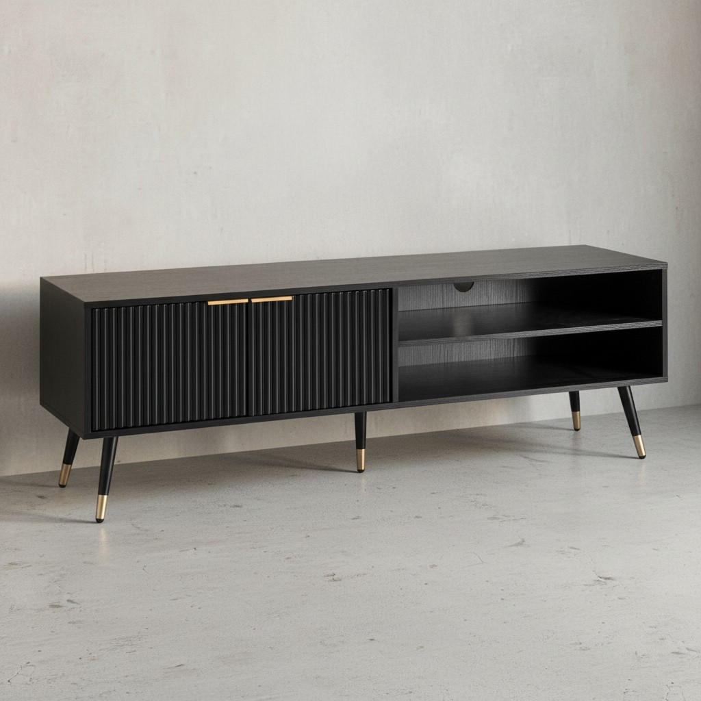 LOWBOARD Schwarz Eiche-Dekor Modern Stil 150x51x39 cm mit Türen und Ablagefächern - Goldfarben/Schwarz, Holzwerkstoff/Metall (150/51/39cm) - KADIMA DESIGN