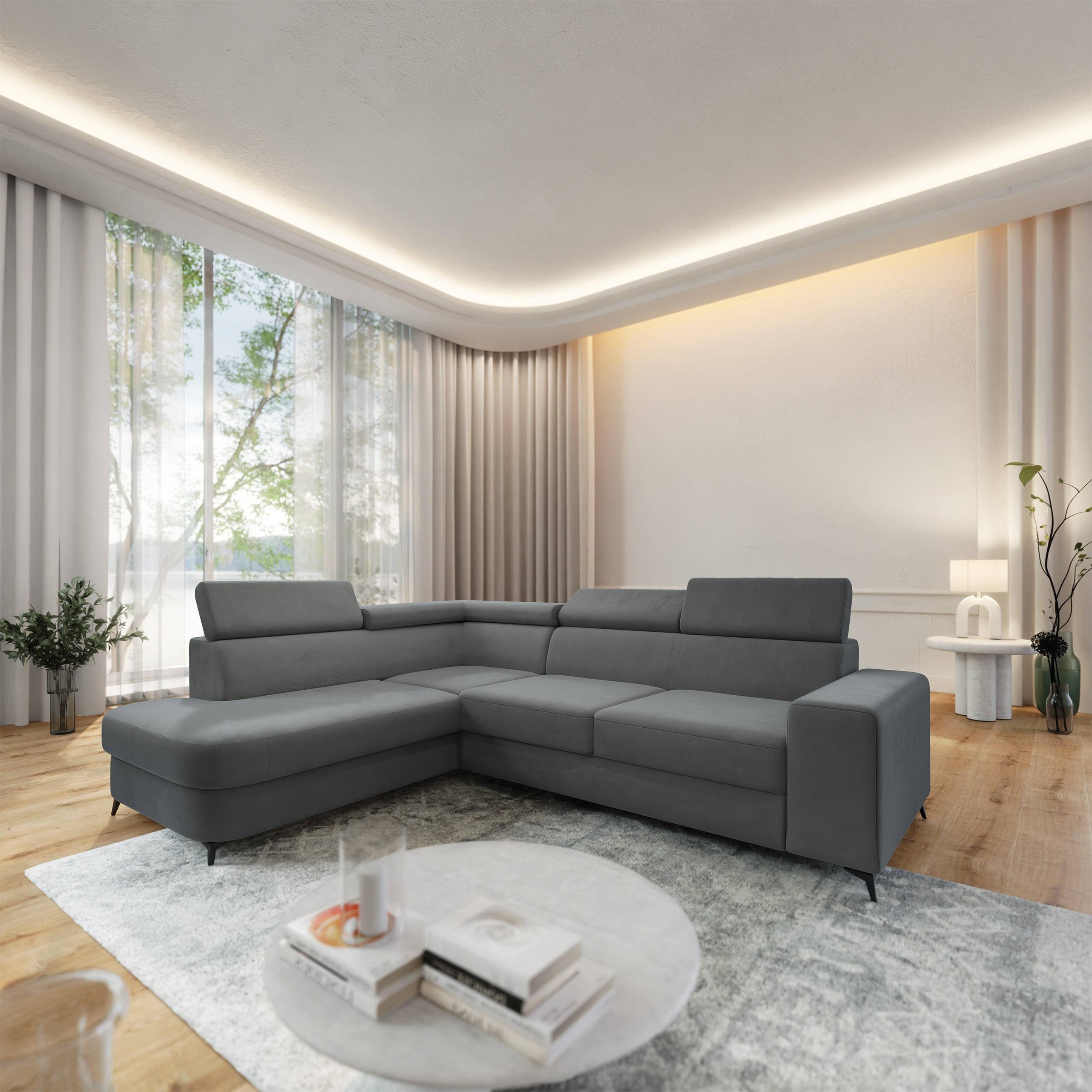 ECKSOFA ALVORO L-S Grau Velours-Stoff mit Schlaffunktion - Grau, Holz (253/190cm) - MASSENO