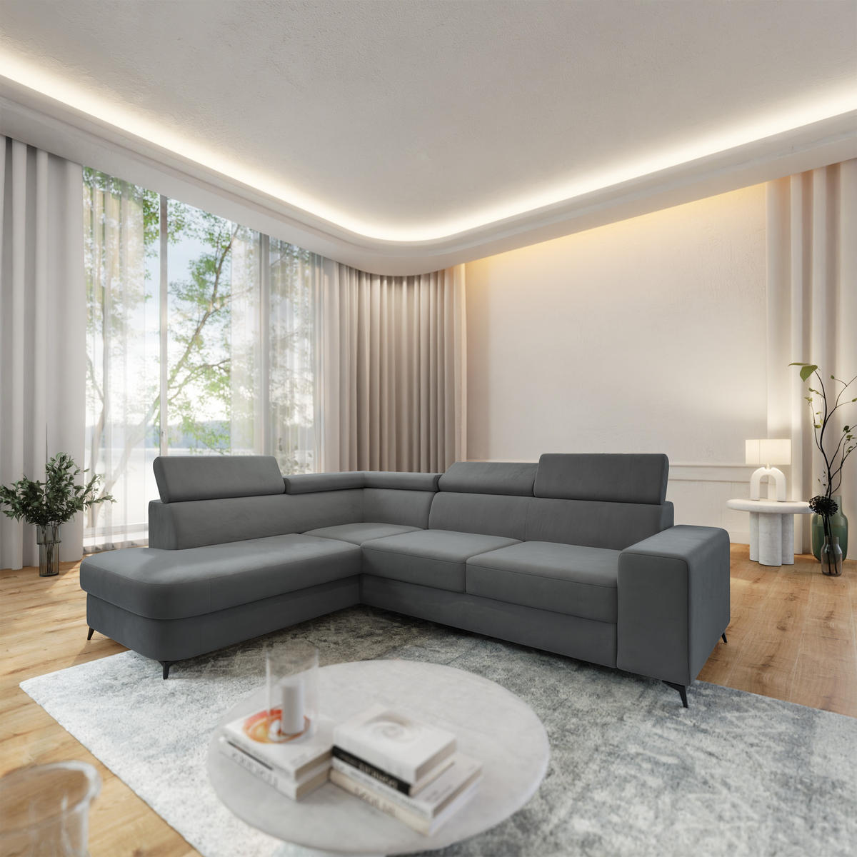 ECKSOFA ALVORO L-S Grau Velours-Stoff mit Schlaffunktion - Grau, Holz (253/190cm) - MASSENO