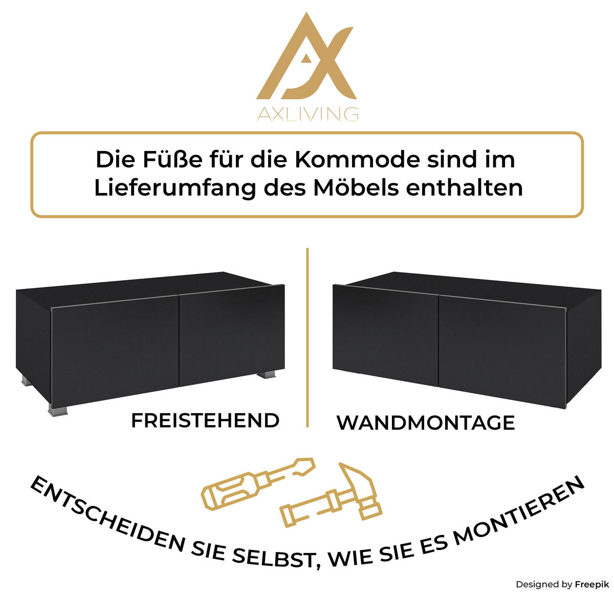WOHNWAND Kossana 23 Modern Schwarz/Goldene Eiche 300/43/154 cm Wohnwand Set - Schwarz, Holzwerkstoff/Kunststoff (300/156/43cm) - AX Living