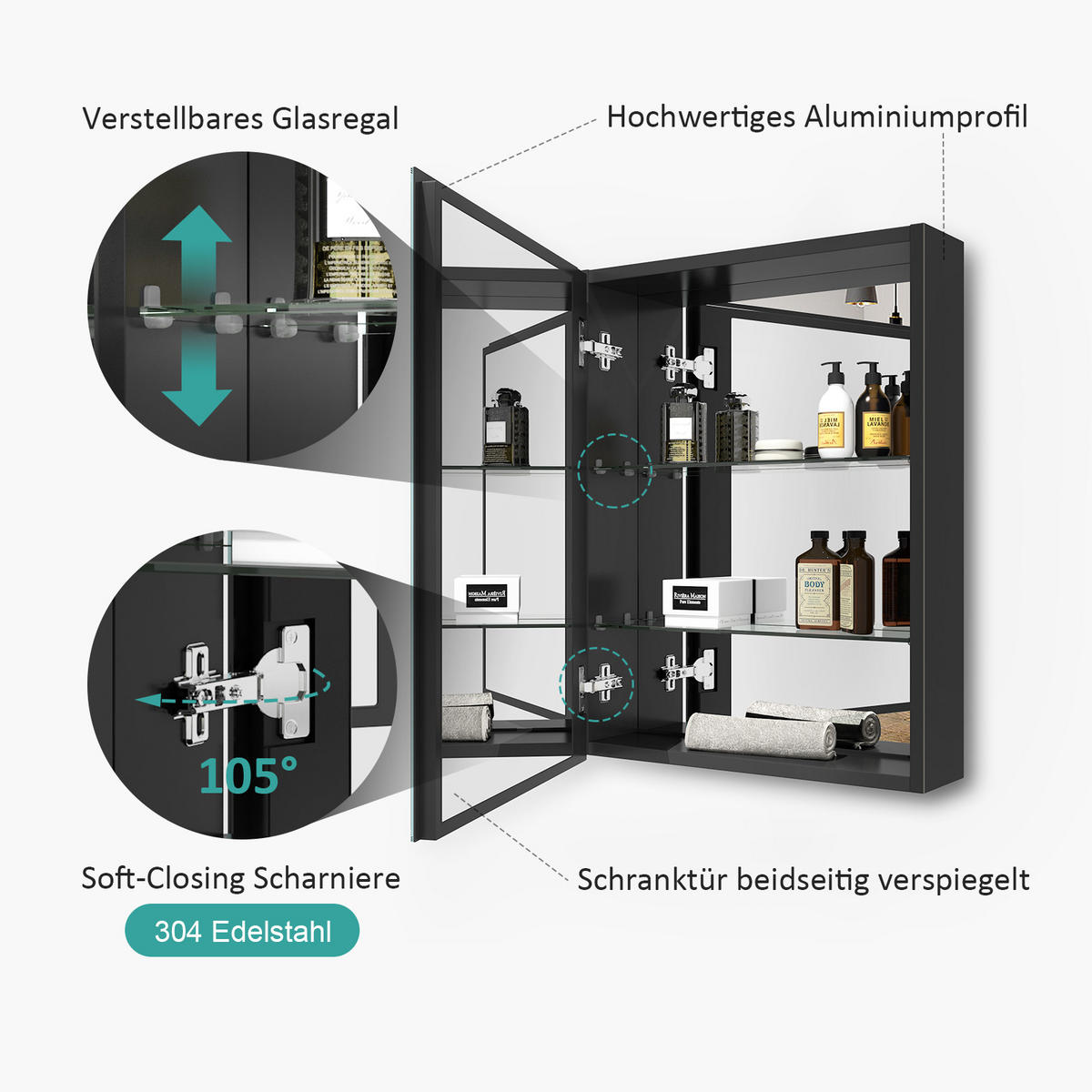 SPIEGELSCHRANK Schwarz 85/65/14,5 - Schwarz, Metall (65/65/85cm) - EMKE