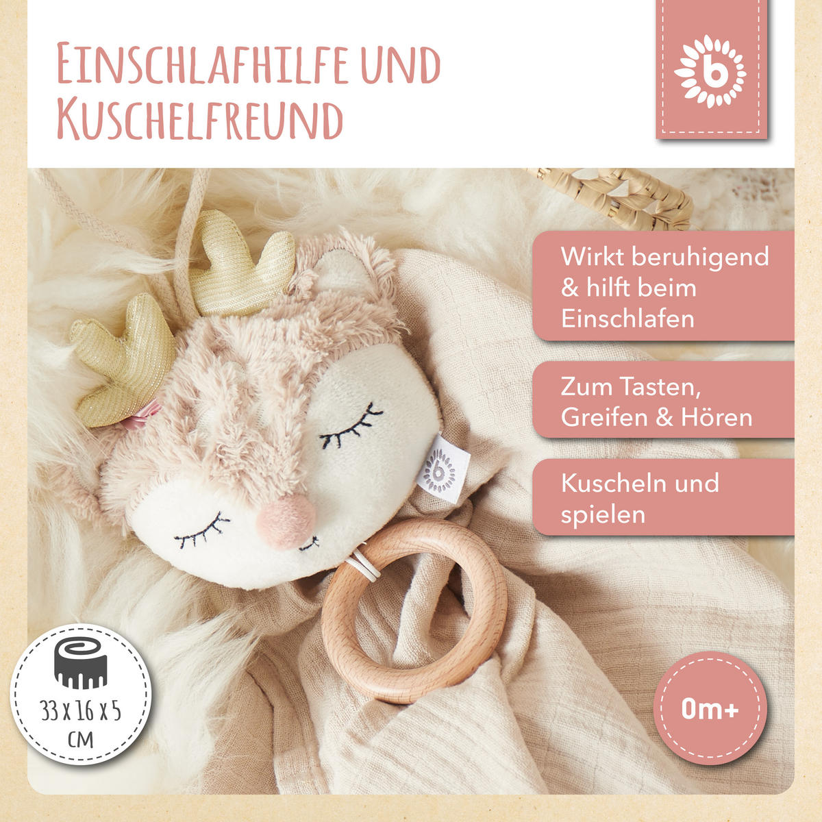 MUSIKSPIELUHR Reh - ab Geburt - Rosa, Textil (16/33cm) - Bieco Spielwaren