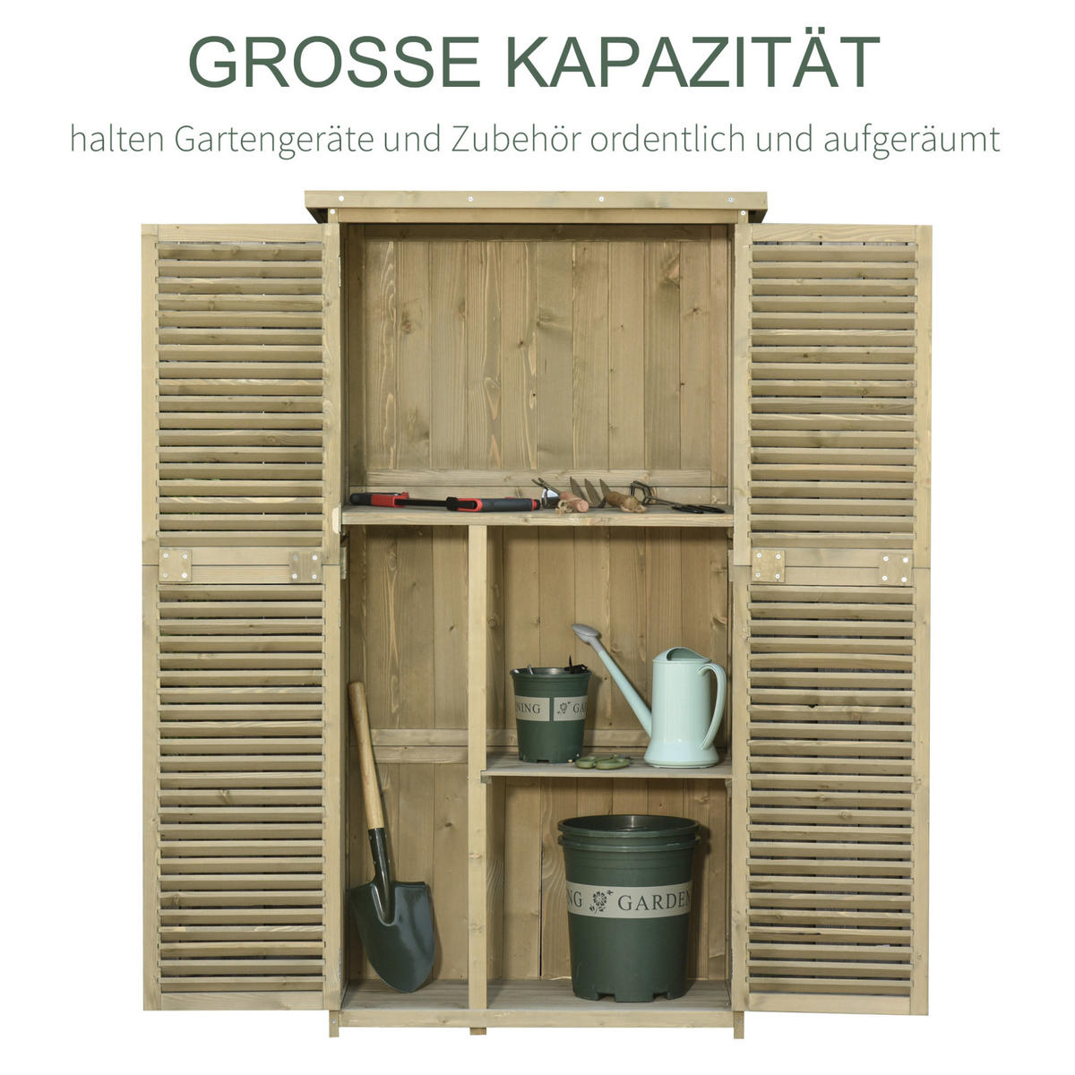 GARTENSCHRANK 87/46,5/160 cm mit 4 Fächern, Lamellentüren und Asphaltdach aus Tannenholz, Grau - Grau, Holz (46.5/160/87cm) - Redom