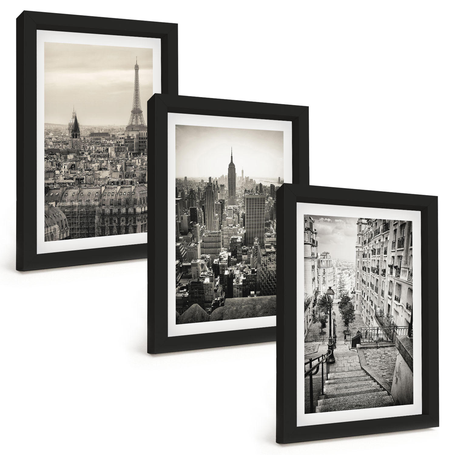 BILDER SET 3er Set - 20x30 cm Schwarzer Rahmen - Aussicht Paris New York Treppen - Schwarz, Kunststoff (20/30cm) - TULUP