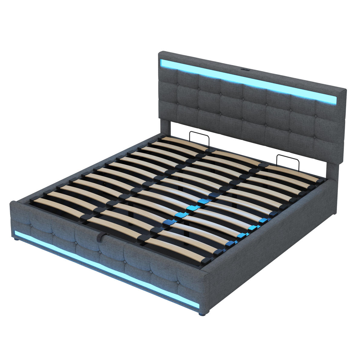 POLSTERBETT aus Leinen 180x200 cm in Grau mit LED-Beleuchtung & USB-Anschlüssen - Grau, Textil (180/200cm) - Modfu