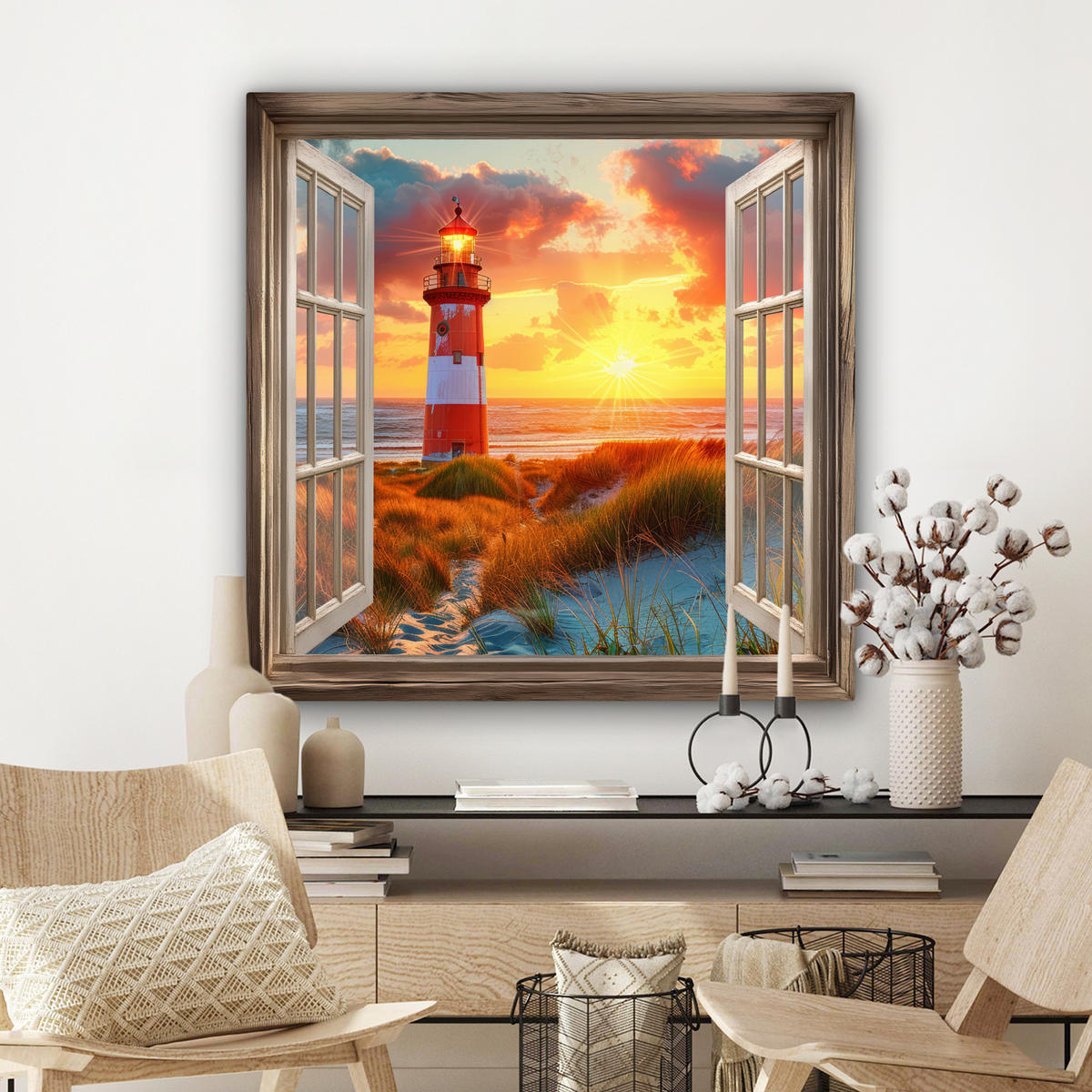 LEINWANDBILD Aussicht - Fenster - Leuchtturm - Sonnenuntergang - Strand Deko Groß 90x90 cm - Dunkelorange, Textil (90/90cm) - MuchoWow
