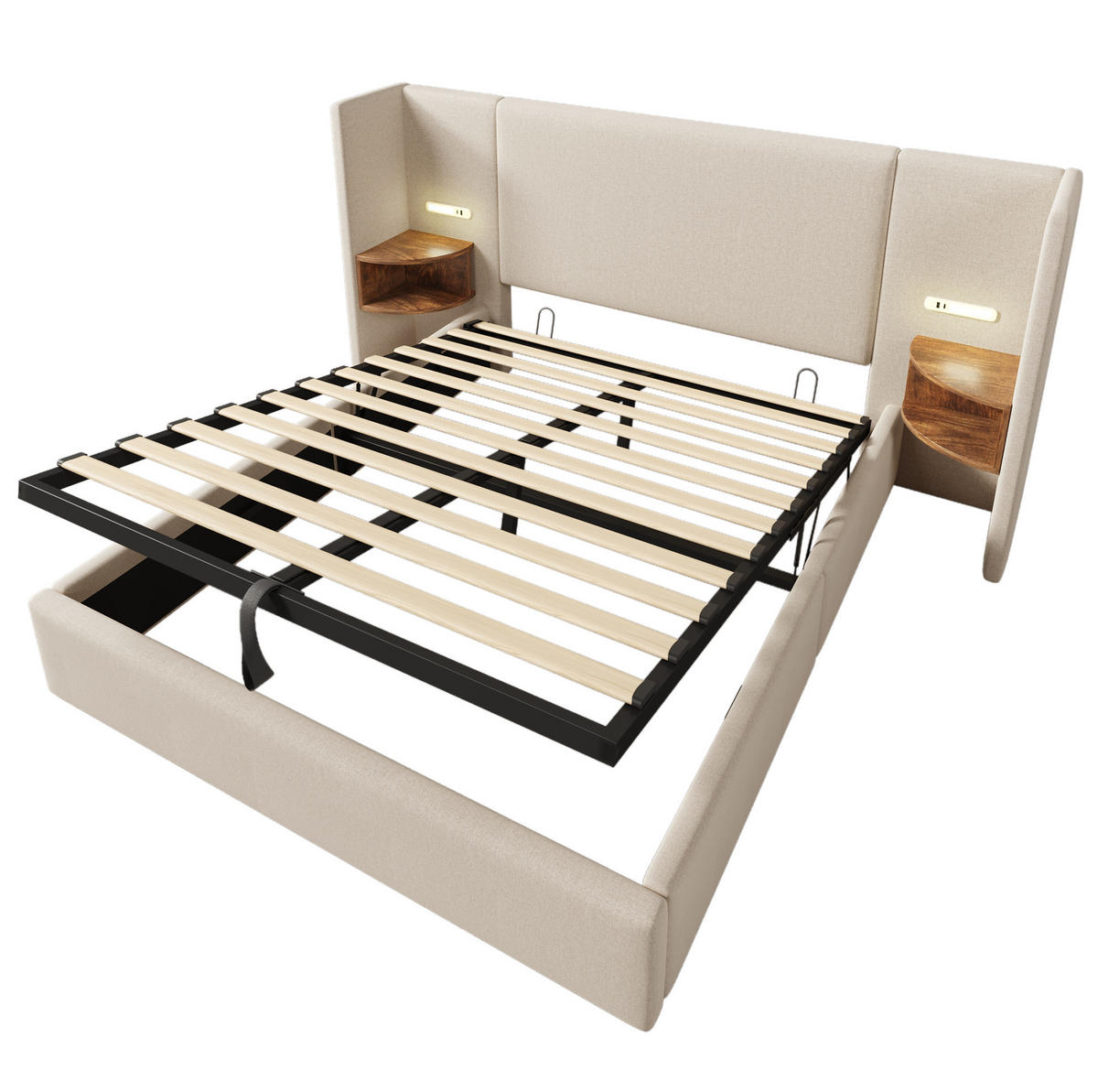 TAPECIRANI krevet od lana 160x200 cm bež s madracem, USB i Type-C priključcima, lampom za čitanje i spremištem - bež, tekstil (160/200cm) - Modfu