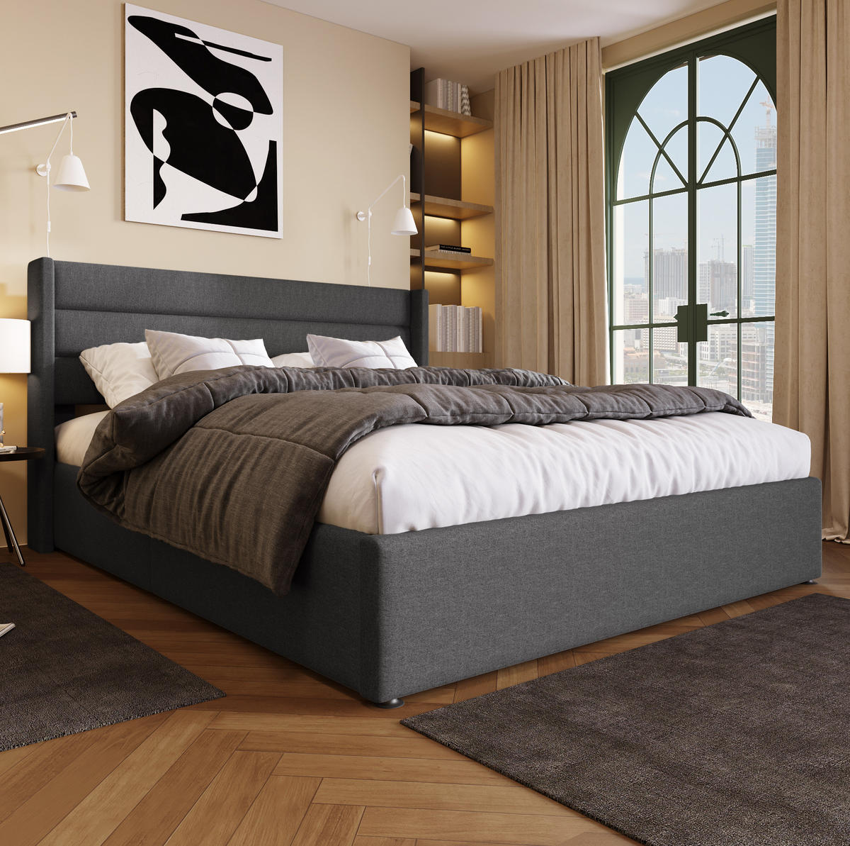 POLSTERBETT 160/200 cm mit hydraulischem Bettkasten, gepolstertes Kopfteil, Grau - Grau, Textil (160/200cm) - Redom