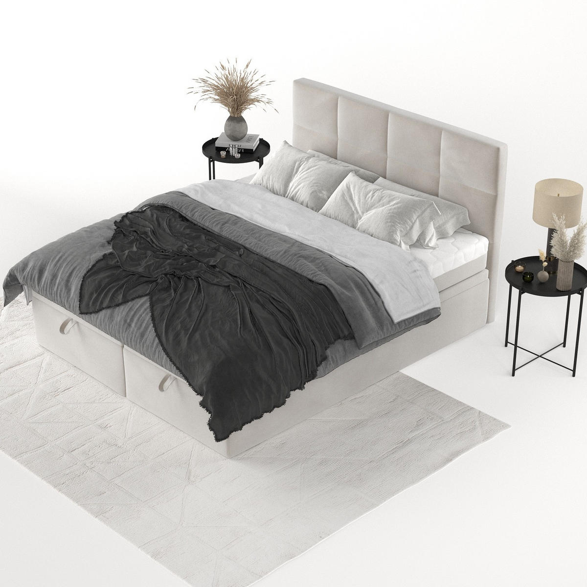 BOXBETT Tessa 140/200 cm Hellbeige im Paros Stoff - Beige/Schwarz, Holz/Holzwerkstoff (140/200cm) - AltaBeds