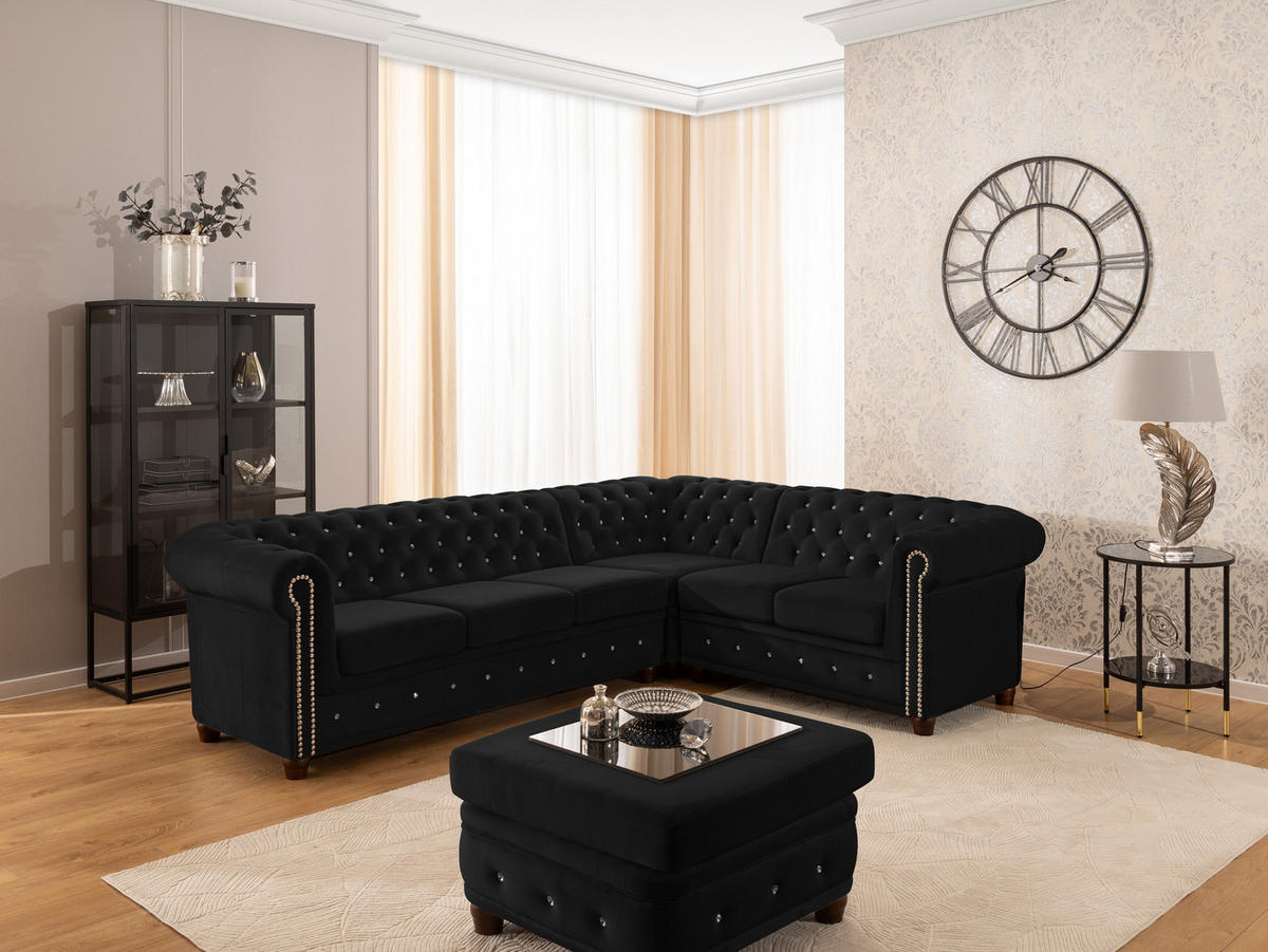 ECKSOFA Chesterfield Cleo Blink Schwarz Samt mit Kristallsteppung und braunen Massivholzfüßen - Ottomane Rechts - Schwarz/Braun, Holz/Textil (264/210cm) - S-Style Möbel