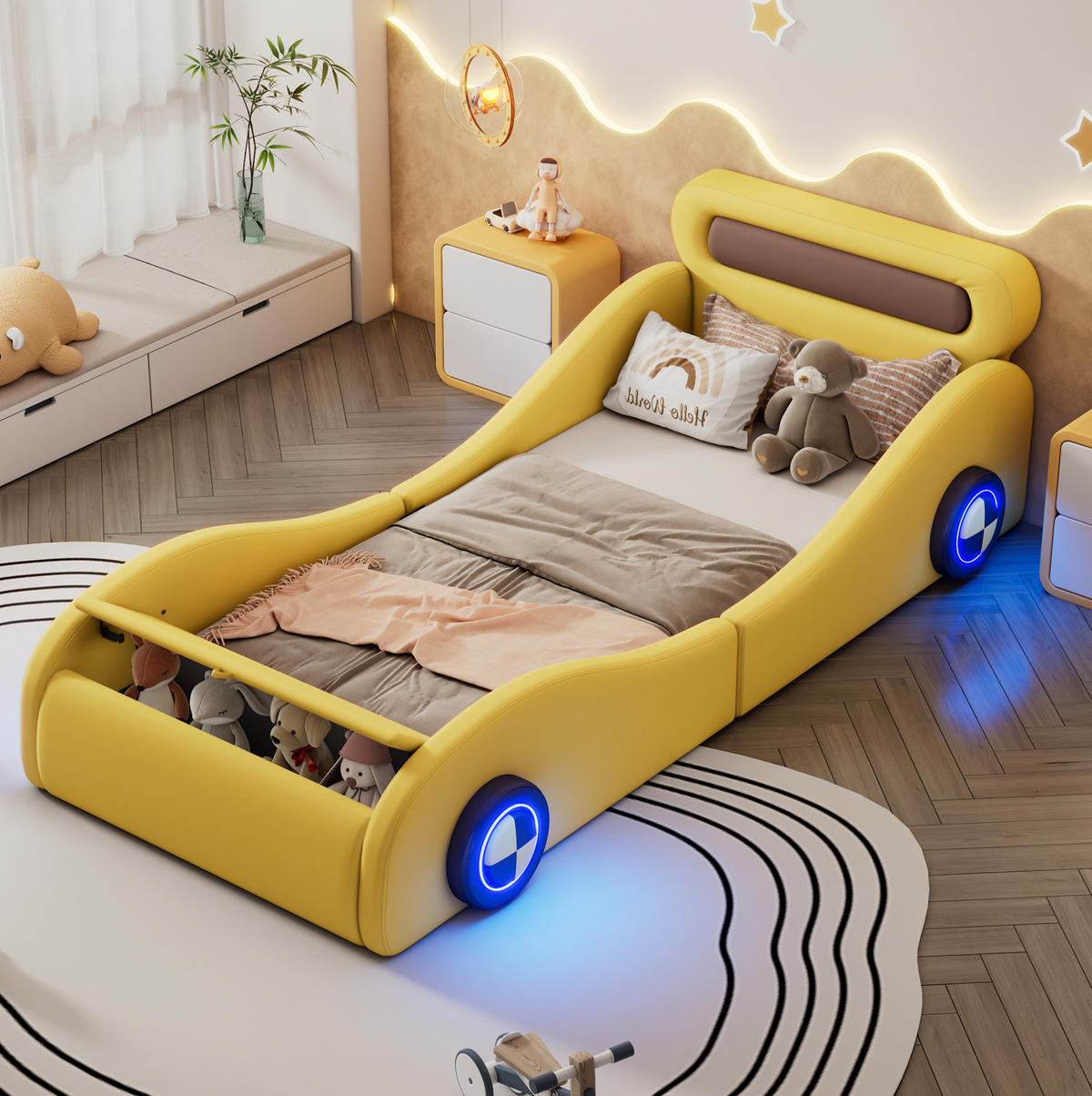 KINDERBETT Kindereinzelbetten 90/200 cm in Autoform mit LED-Lichträdern und Stauraumfach, Gelb - Gelb, Kunststoff (90/200cm) - Redom