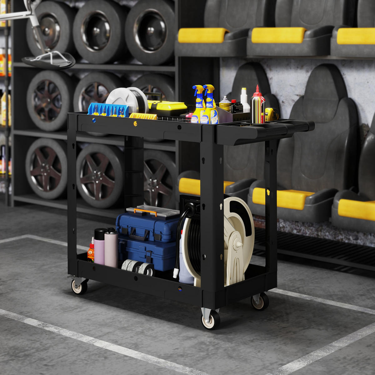 WERKSTATT-ROLLWAGEN mit 2 Etagen, Werkzeugwagen mit Seitengriff, Hakenlöchern - Schwarz, Kunststoff (43.5/84.5/102.6cm) - HOMCOM