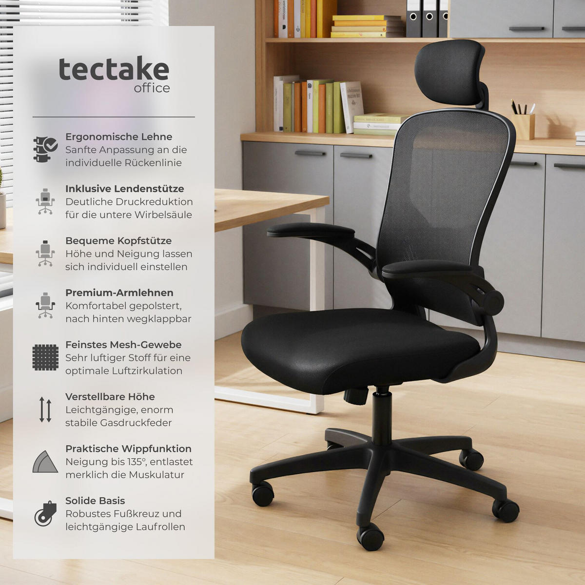 BÜROSTUHL Arges, stufenlos höhenverstellbar, schwarz - Schwarz, Kunststoff (68/131/63cm) - tectake