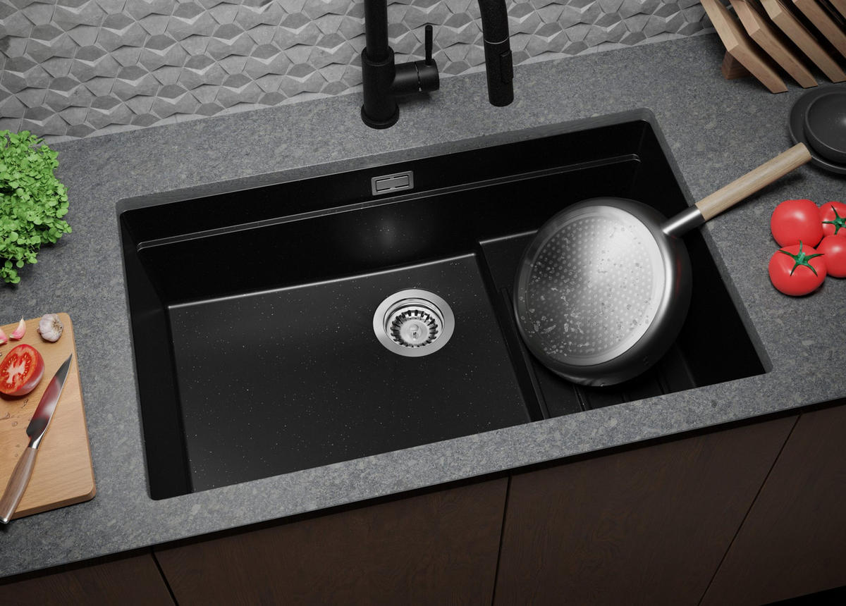 UNTERBAUSPÜLE GRANIT Praga, 2-er set Schwarz Metallic 76/47 cm 1 Becken + Ablauf-Set + Aufrollbare Abtropffläche ab 80er Unterschrank - Chromfarben/Schwarz Hochglanz, Kunststoff (76/20/47cm) - Primagran