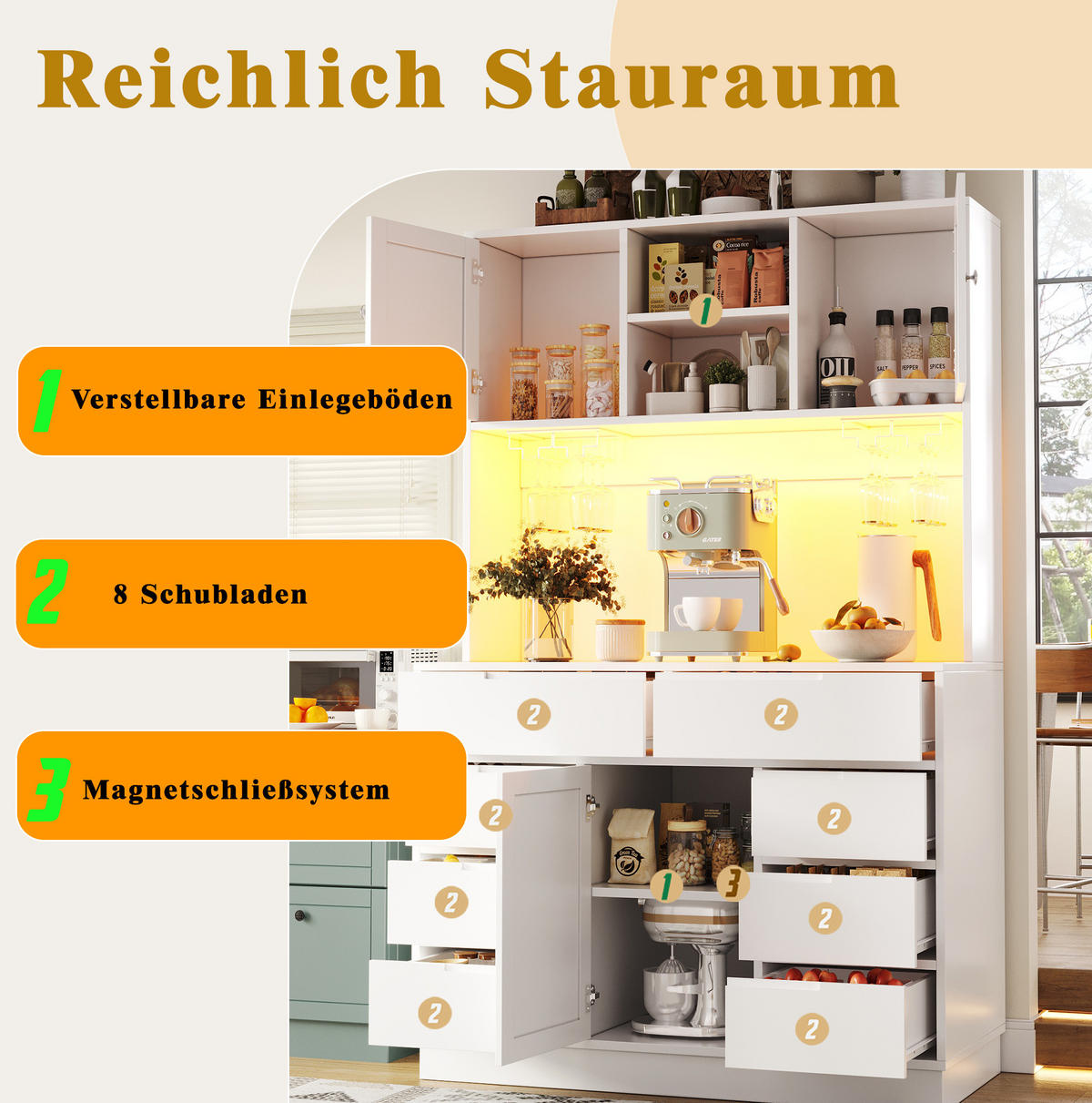 BUFFET 120/40/183,5 cm aus MDF mit LED-Beleuchtung und 8 Schubladen Weiß - Weiß, Holzwerkstoff (120/183.5/40cm) - Modenvie