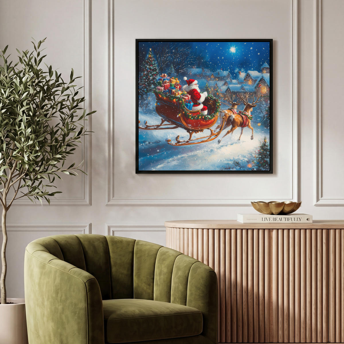 LEINWAND Bilder mit Rahmen - Weihnachtsmann - Rentier - Weihnachten - Schnee - 50x50 - Cognac, Textil (50/50cm) - MuchoWow