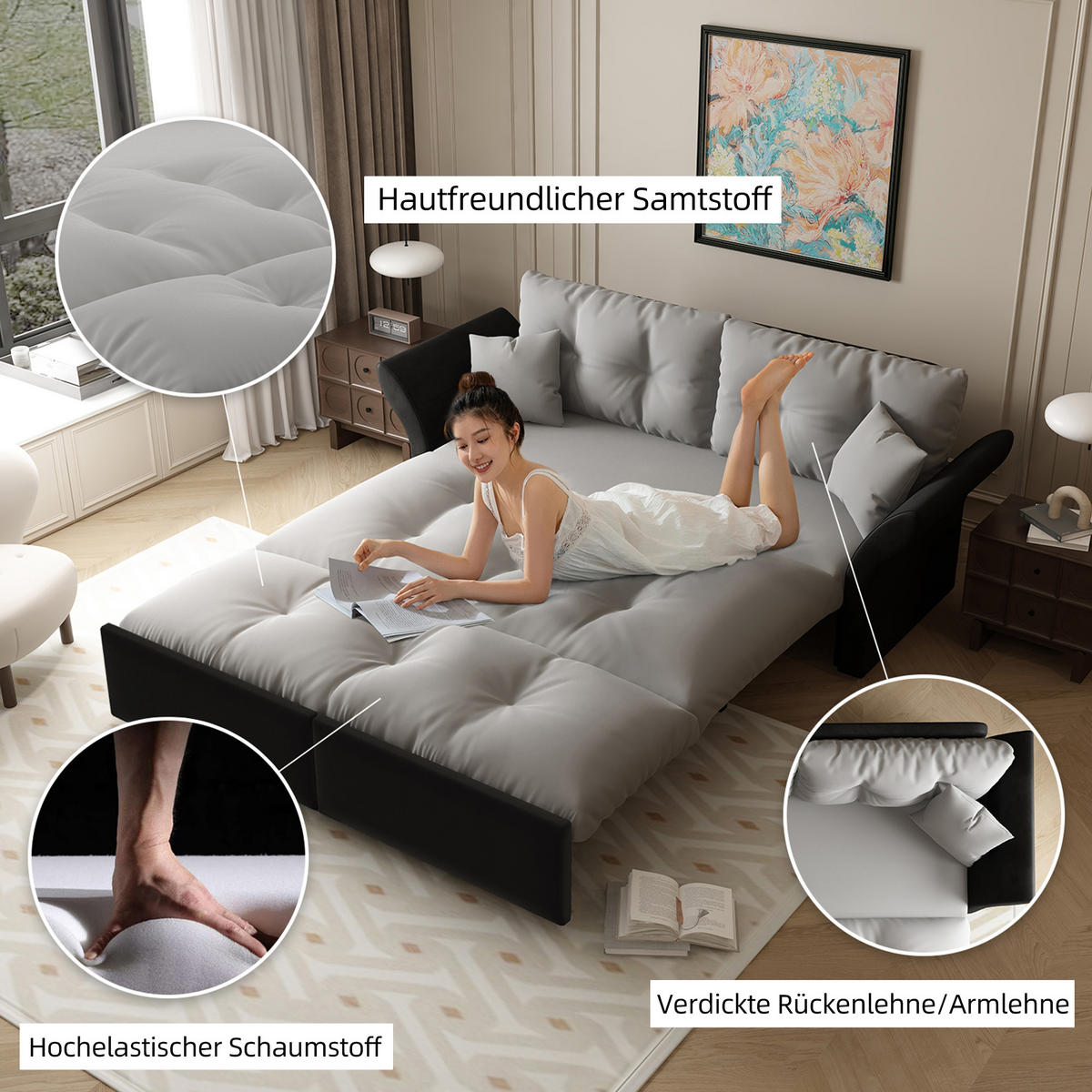 SCHLAFSOFA 190/85/91 cm Hellgrau Samt mit Tufting und 2 weichen Kissen - Hellgrau, Textil (190/91/85cm) - Oxeza