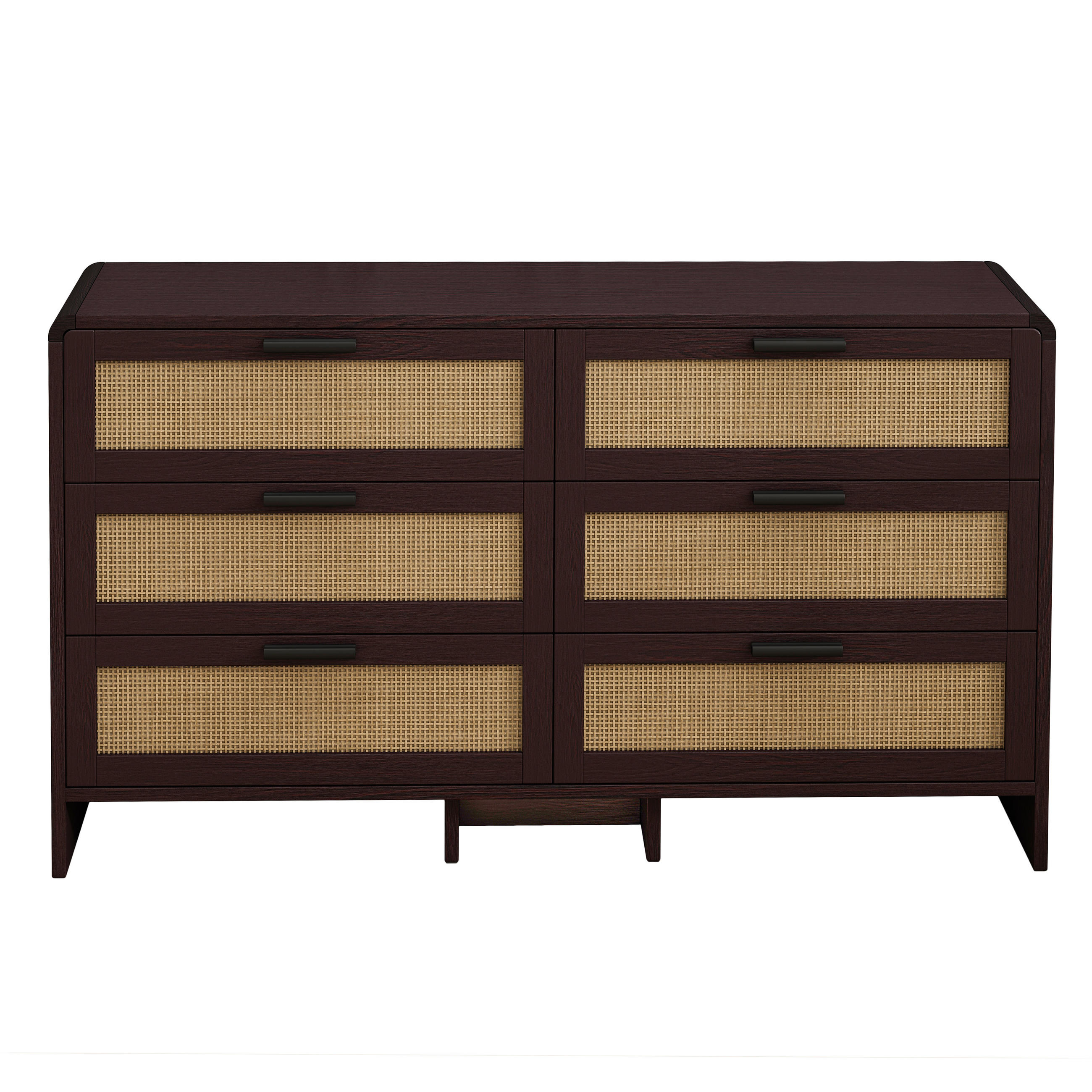 Urban Meuble SIDEBOARD dřevotříska v červenohnědé s ratanovým výpletem, zaoblené rohy a 6 zásuvek