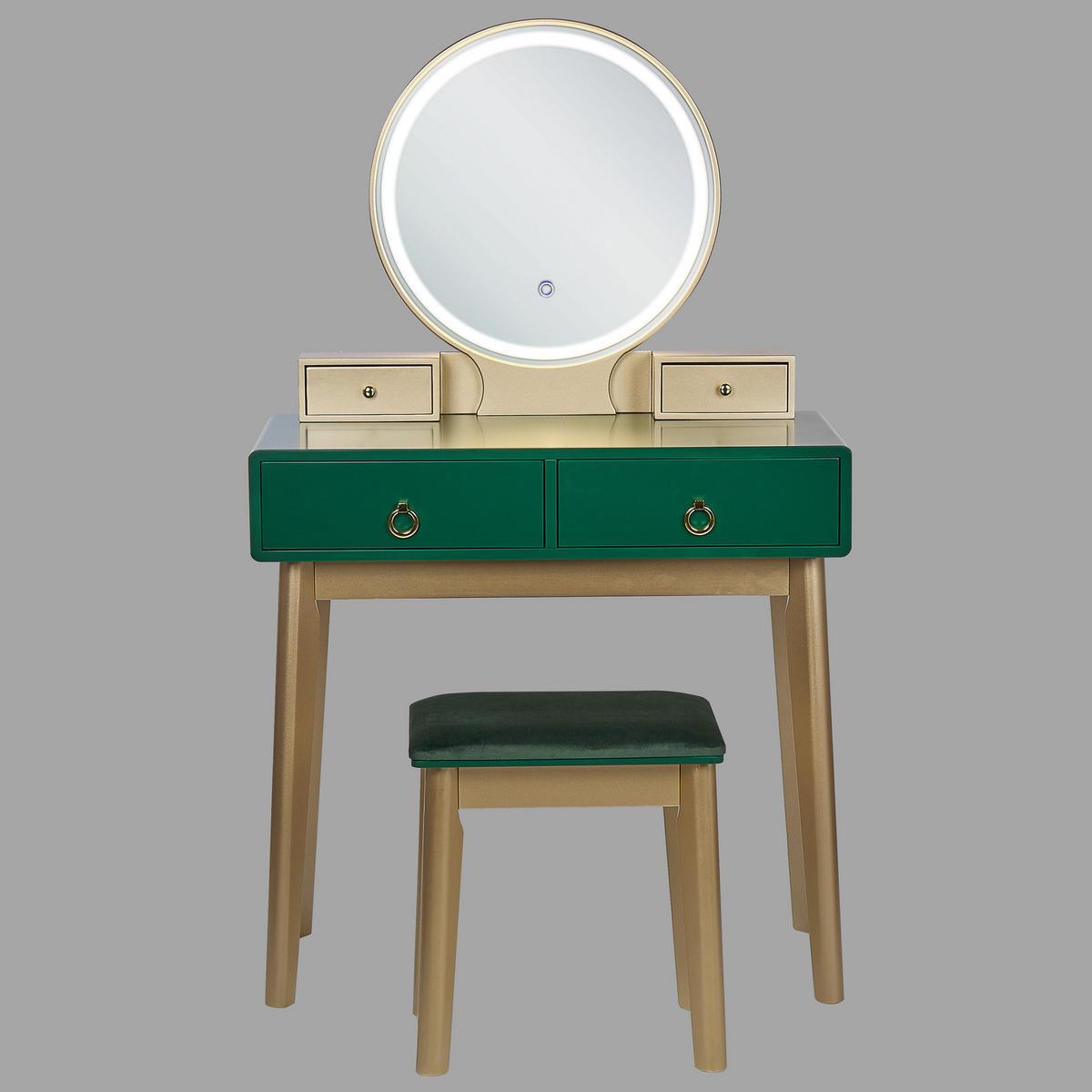SCHMINKTISCH mit rundem LED-Spiegel Hocker 4 Schubladen grün/gold Fedry - Goldfarben/Grün, Holzwerkstoff (80/134/40cm) - Beliani