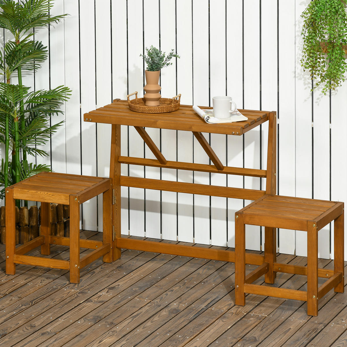 GARTENMÖBEL-SET, Gartentisch, Holzbank für 2 Personen, Massivholz, Teak - Teakfarben, Holz - Outsunny