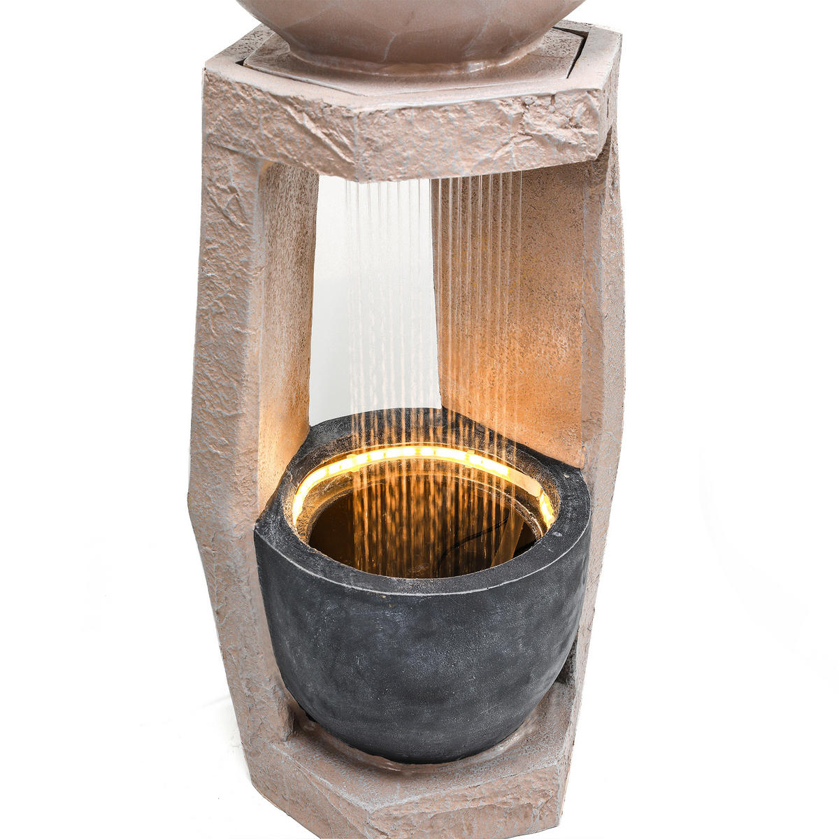 GARTENBRUNNEN, LED-Beleuchtung, Kunststein, Wasserspiel, Beige - Beige, Naturmaterialien (36.5/36/81.5cm) - FLIEKS